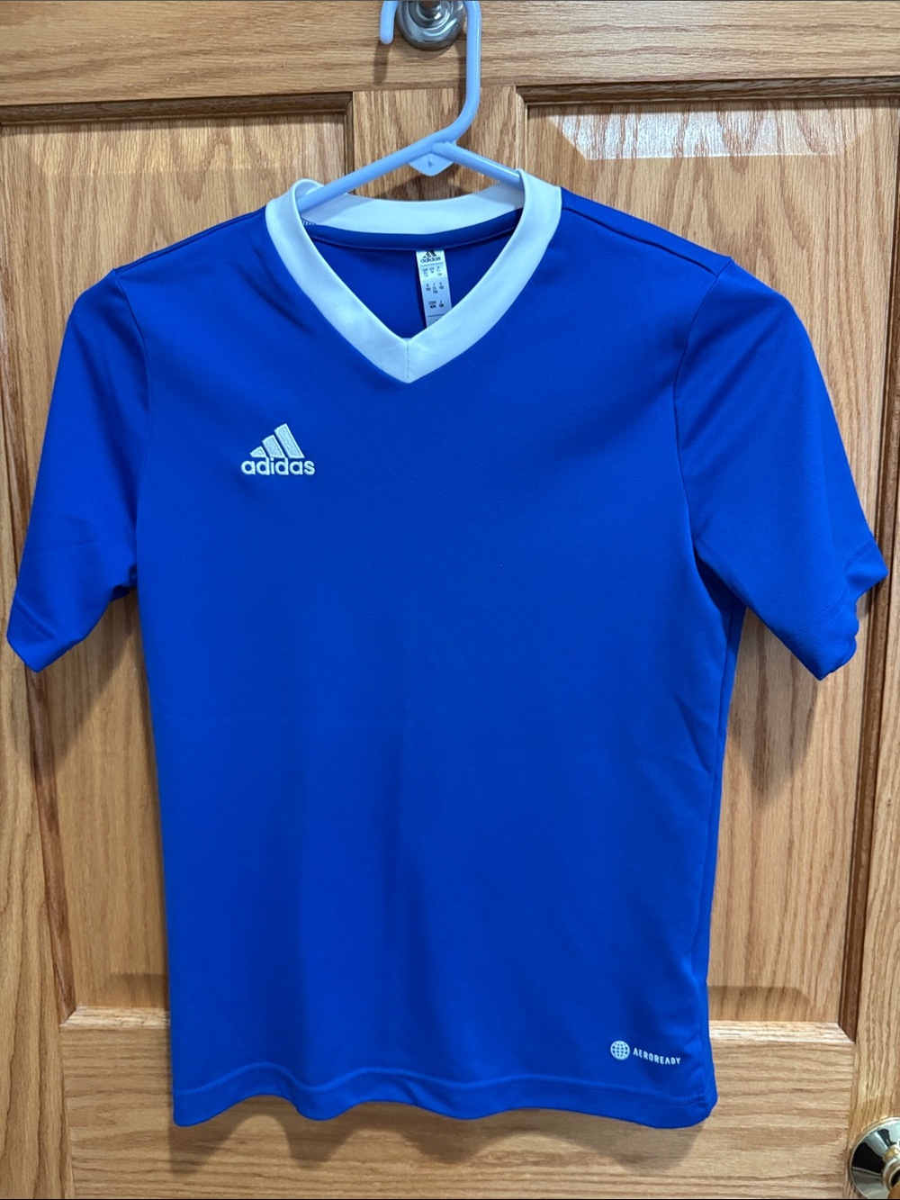 adidas Blue Short Sleeve V-Neck Tee with White Trim